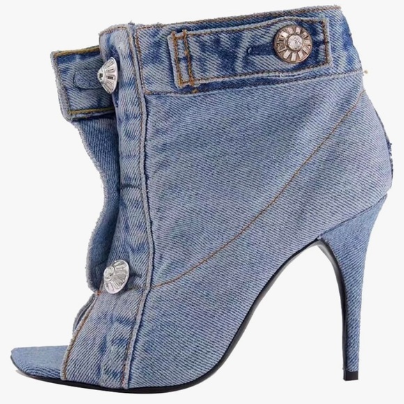 Arqa Denim Stiletto High Heels Peep Toe Metal Button Ankle Boots size 8.5 - Picture 3 of 8